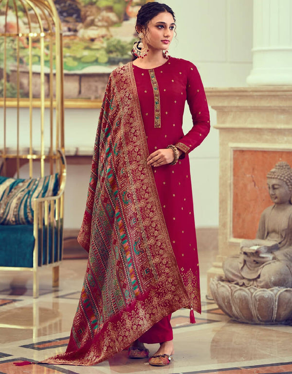 Wine Red Pant style Suits Dola Jacquard Salwar Kameez in Jacquard Print, Hand Work, Digital Print & Lace Work