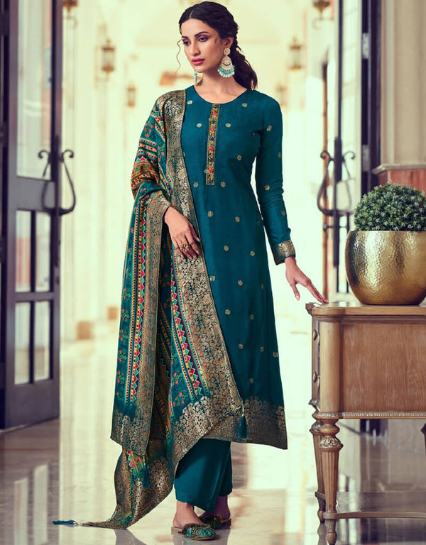 Prussian Blue Pant style Suits Dola Jacquard Salwar Kameez in Jacquard Print, Hand Work, Digital Print & Lace Work