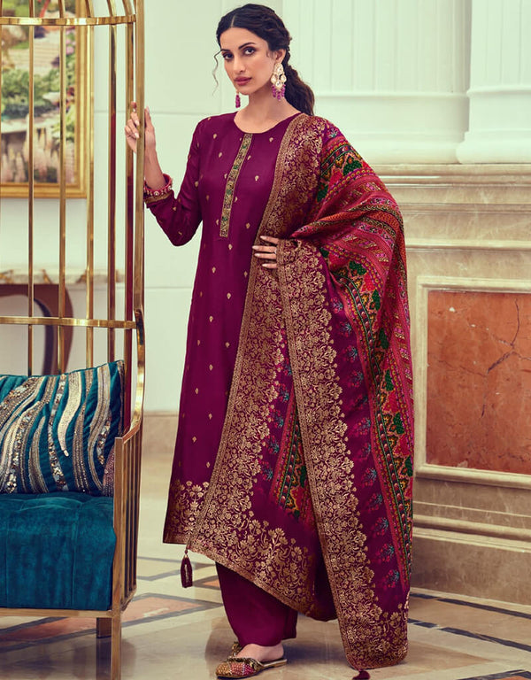 Mulberry Wood Sharara style Suits Dola Jacquard Salwar Kameez in Jacquard Print, Hand Work, Digital Print & Lace Work