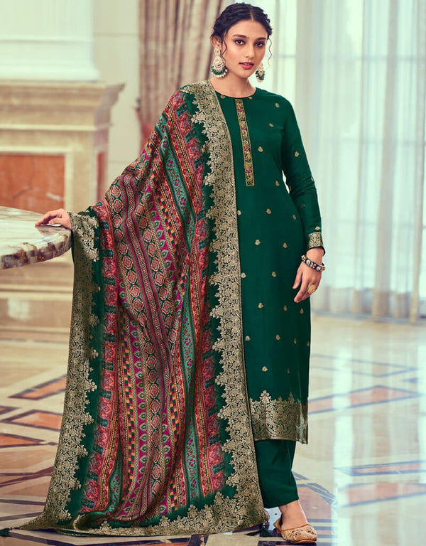 Sherwood Green Sharara style Suits Dola Jacquard Salwar Kameez in Jacquard Print, Hand Work, Digital Print & Lace Work
