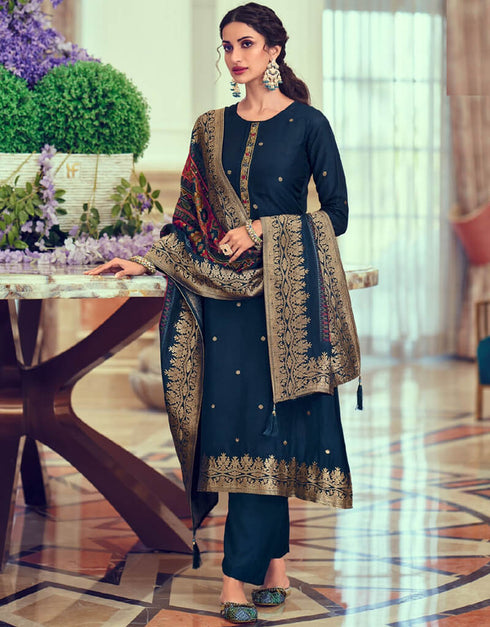 Dark Blue Grey Sharara style Suits Dola Jacquard Salwar Kameez in Jacquard Print, Hand Work, Digital Print & Lace Work