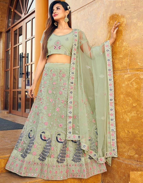 Grey Lehenga style Anarkali Semi-Stitched Lehenga Choli Salwar Kameez in Embroidery, Daimonds, Real Mirror & Lace Work