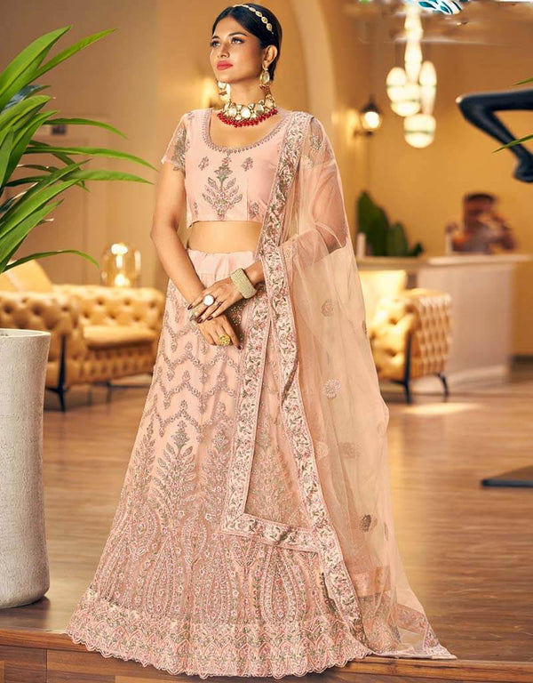 Melon Lehenga style Anarkali Semi-Stitched Lehenga Choli Salwar Kameez in Embroidery, Daimonds, Real Mirror & Lace Work