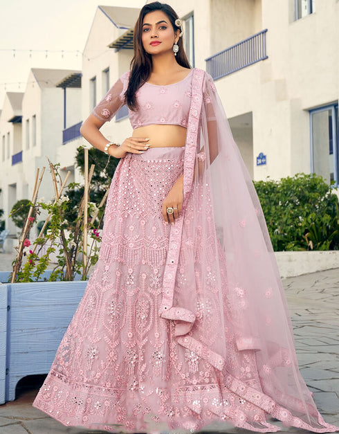 Oyster Pink Lehenga style Anarkali Semi-Stitched Lehenga Choli Salwar Kameez in Embroidery, Daimonds, Real Mirror & Lace Work