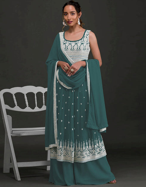 Mineral Green Palazzo style Salwar Kameez Faux Georgette Salwar Kameez in Sequins Embroidery & Lace Work