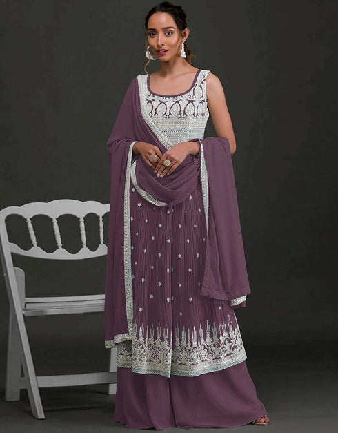 Tuscan Red Palazzo style Salwar Kameez Faux Georgette Salwar Kameez in Sequins Embroidery & Lace Work