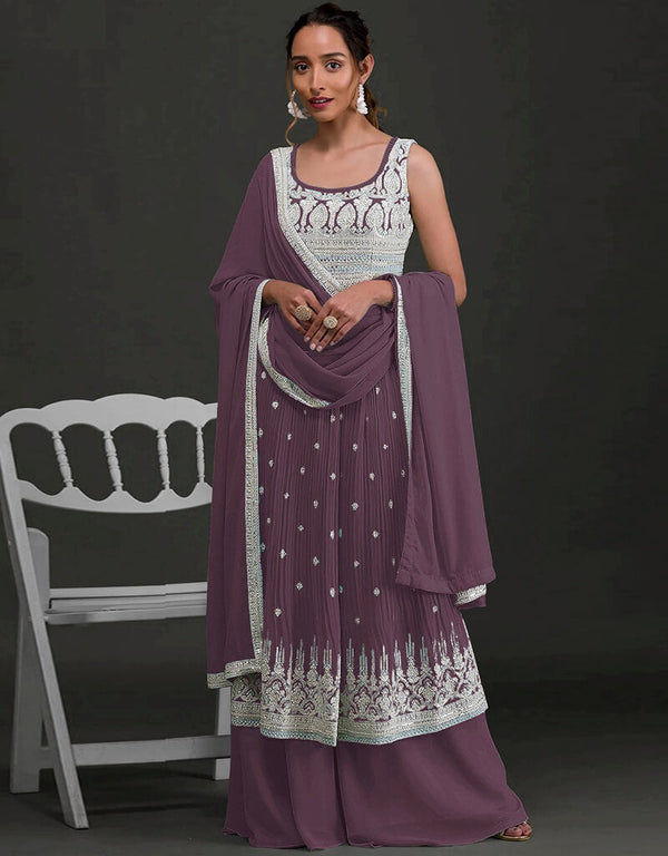 Tuscan Red Palazzo style Salwar Kameez Faux Georgette Salwar Kameez in Sequins Embroidery & Lace Work