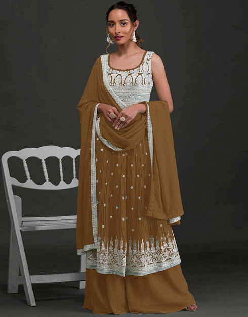 Old Copper Palazzo style Salwar Kameez Faux Georgette Salwar Kameez in Sequins Embroidery & Lace Work