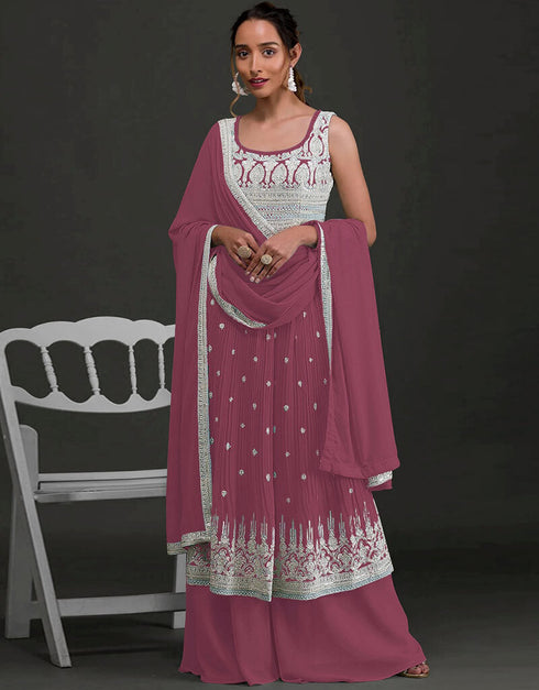 Dark Mauve Palazzo style Salwar Kameez Faux Georgette Salwar Kameez in Sequins Embroidery & Lace Work