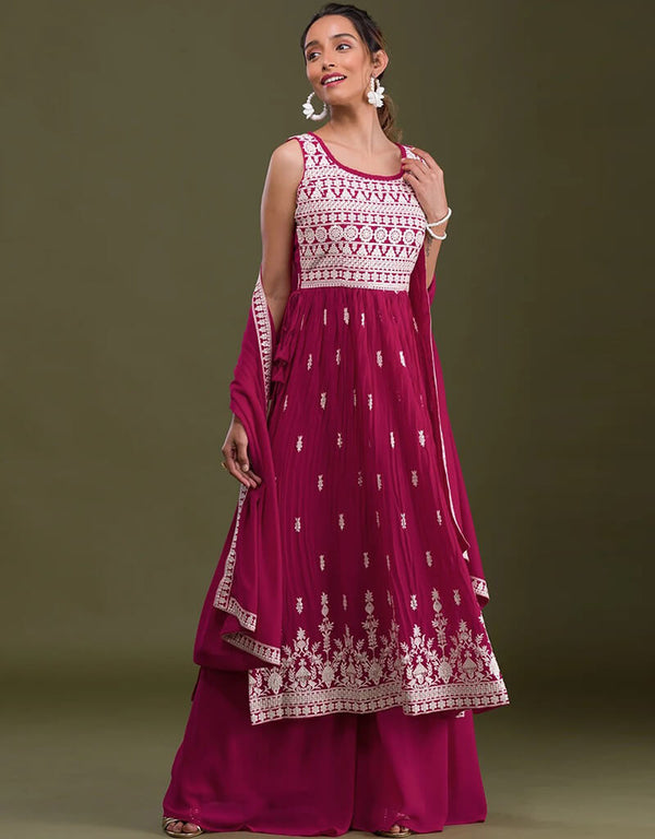 Rose Bud Cherry Palazzo style Salwar Kameez Faux Georgette Salwar Kameez in Sequins Embroidery & Lace Work