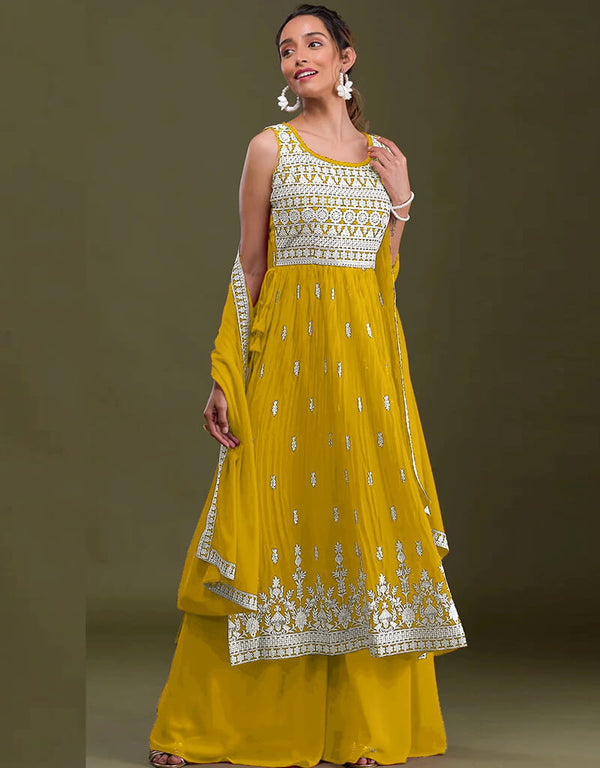 Yellow Ochre Palazzo style Salwar Kameez Faux Georgette Salwar Kameez in Sequins Embroidery & Lace Work