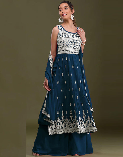 Nile Blue Palazzo style Salwar Kameez Faux Georgette Salwar Kameez in Sequins Embroidery & Lace Work