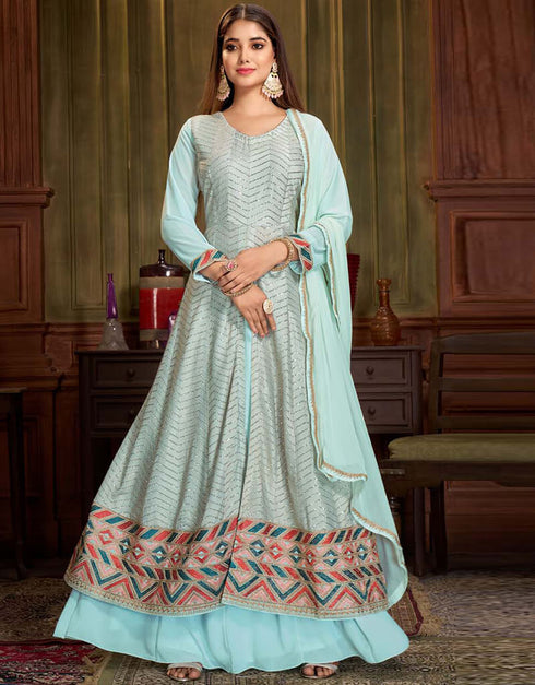 Sea Mist Anarkali style Anarkali Semi-Stitched Salwar Kameez Salwar Kameez in Embroidery, Sequins & Lace Work