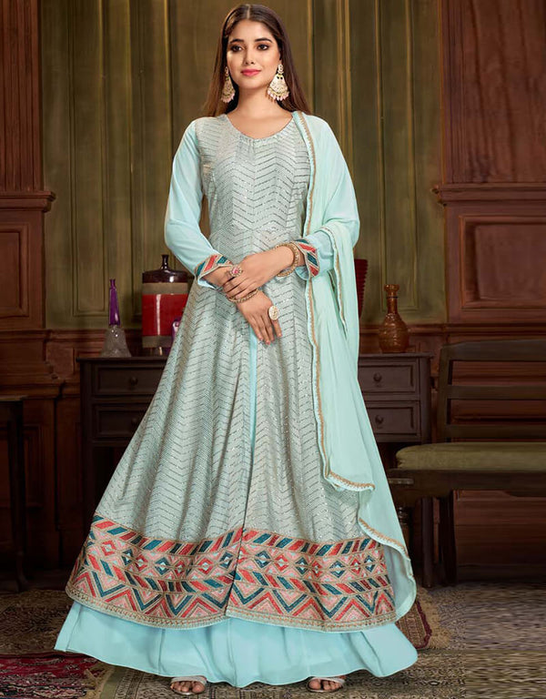 Sea Mist Anarkali style Anarkali Semi-Stitched Salwar Kameez Salwar Kameez in Embroidery, Sequins & Lace Work