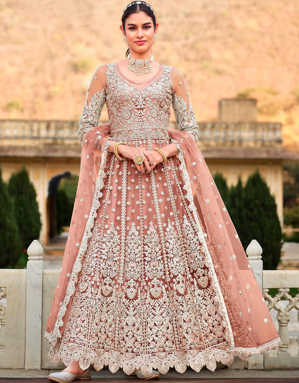 Rose Gold Anarkali style Anarkali Semi-Stitched Salwar Kameez Salwar Kameez in Cording Embroidery, Stone & Lace Work