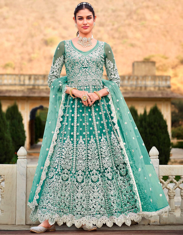 Sea Turtle Green Anarkali style Anarkali Semi-Stitched Salwar Kameez Salwar Kameez in Cording Embroidery, Stone & Lace Work