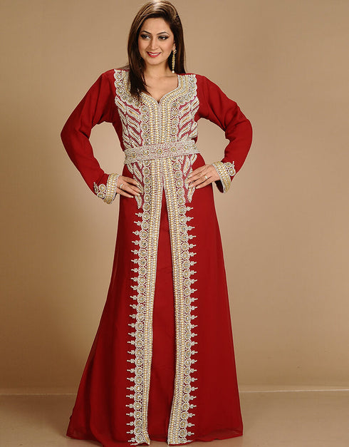 Chic Maroon Georgette Hand Embroidery Party Wear Kaftan