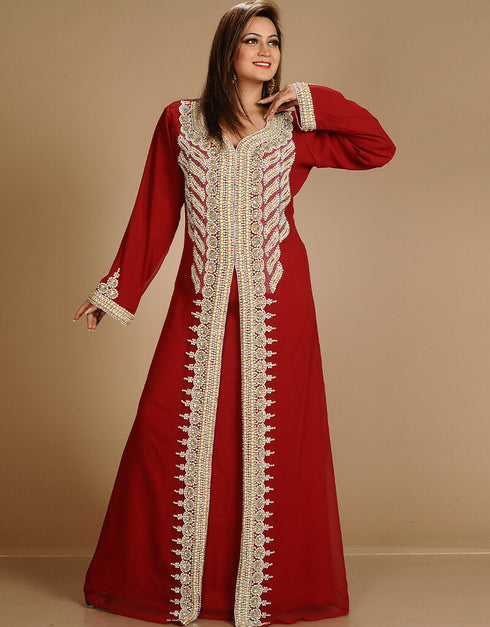 Chic Maroon Georgette Hand Embroidery Party Wear Kaftan