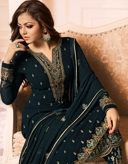 Dark Blue Pant style Straight Faux Georgette Salwar Kameez in Embroidery, Stone & Lace Work Closure View