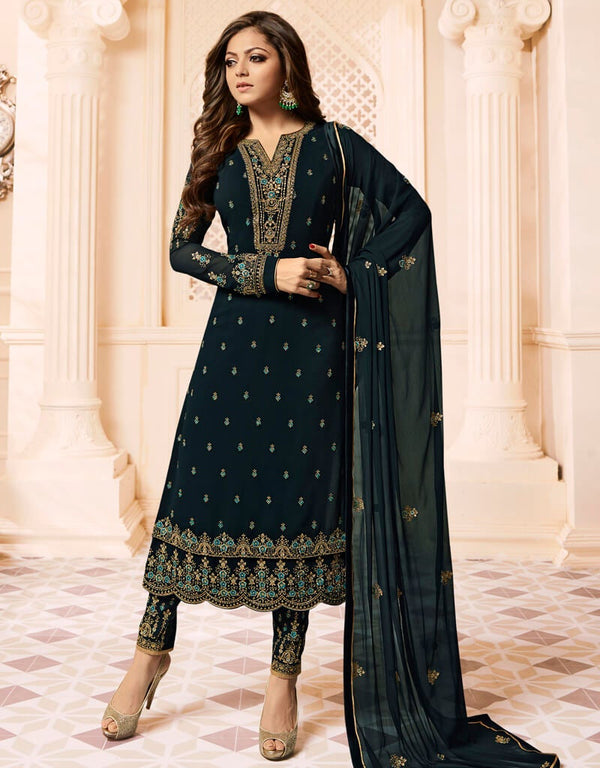 Dark Blue Pant style Straight Faux Georgette Salwar Kameez in Embroidery, Stone & Lace Work