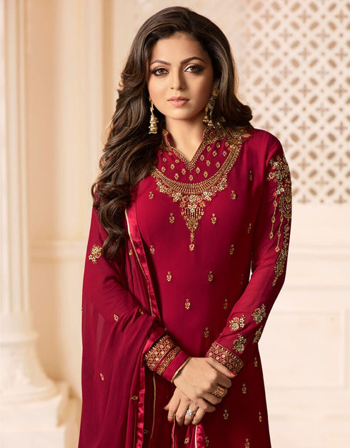 Rose Pink Pant style Straight Faux Georgette Salwar Kameez in Embroidery, Stone & Lace Work Closure View