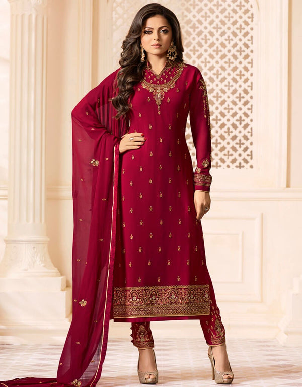 Rose Pink Pant style Straight Faux Georgette Salwar Kameez in Embroidery, Stone & Lace Work