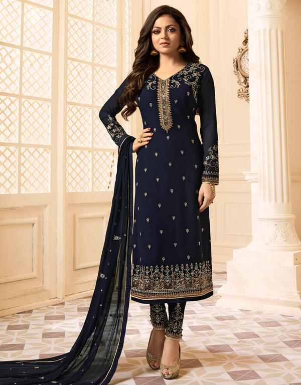 Royal Blue Pant style Straight Faux Georgette Salwar Kameez in Embroidery, Stone & Lace Work