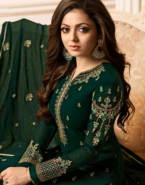 Bottle Green Pant style Straight Faux Georgette Salwar Kameez in Embroidery, Stone & Lace Work Closure View