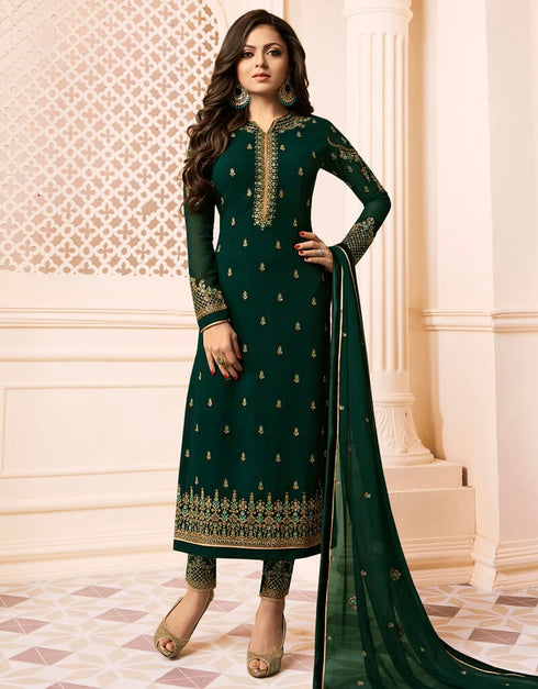 Bottle Green Pant style Straight Faux Georgette Salwar Kameez in Embroidery, Stone & Lace Work