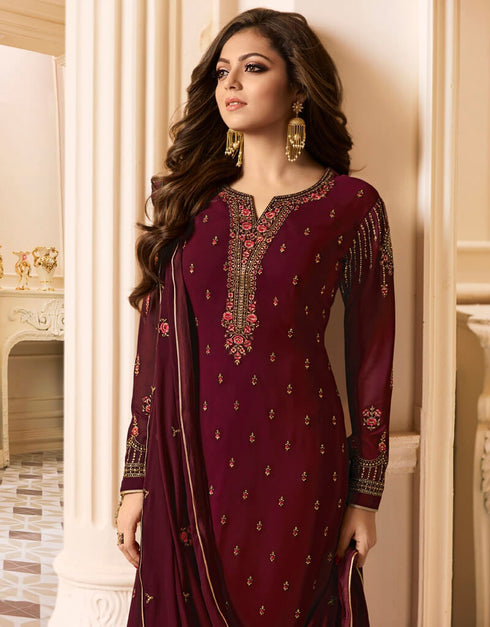Dark Purple Pant style Straight Faux Georgette Salwar Kameez in Embroidery, Stone & Lace Work Closure View