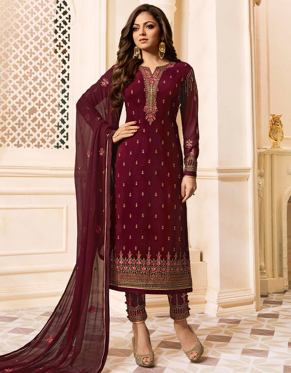 Dark Purple Pant style Straight Faux Georgette Salwar Kameez in Embroidery, Stone & Lace Work