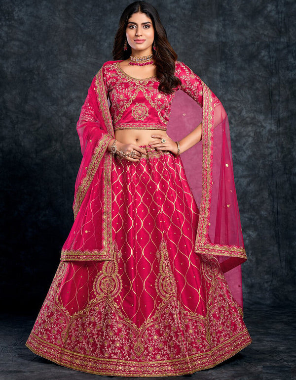 Rose Red Lehenga style Choli Semi-Stitched Lehenga Choli Salwar Kameez in Sequins Embroidery, Zari, Daimonds & Lace Work