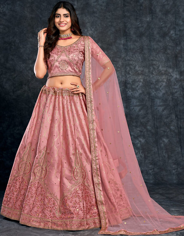 Dusty Red Lehenga style Choli Semi-Stitched Lehenga Choli Salwar Kameez in Sequins Embroidery, Zari, Daimonds & Lace Work