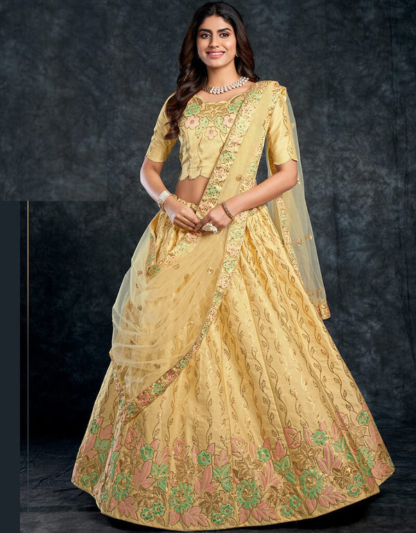Peach Yellow Lehenga style Choli Semi-Stitched Lehenga Choli Salwar Kameez in Sequins Embroidery, Zari, Daimonds & Lace Work