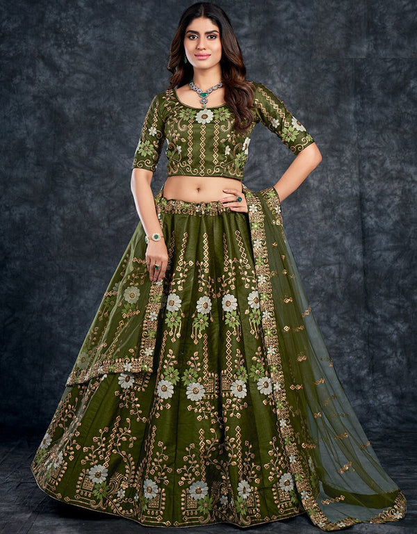 Army Green Lehenga style Choli Semi-Stitched Lehenga Choli Salwar Kameez in Sequins Embroidery, Zari, Daimonds & Lace Work