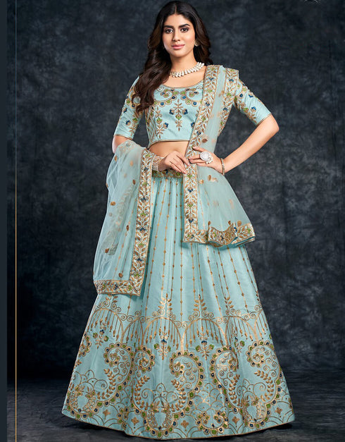 Pale Aqua Lehenga style Choli Semi-Stitched Lehenga Choli Salwar Kameez in Sequins Embroidery, Zari, Daimonds & Lace Work