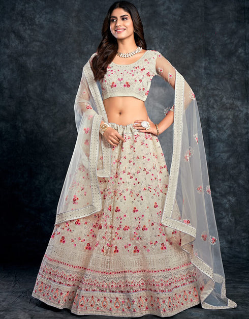 Grey Olive Lehenga style Choli Semi-Stitched Lehenga Choli Salwar Kameez in Sequins Embroidery, Zari, Daimonds & Lace Work