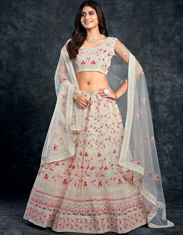 Grey Olive Lehenga style Choli Semi-Stitched Lehenga Choli Salwar Kameez in Sequins Embroidery, Zari, Daimonds & Lace Work