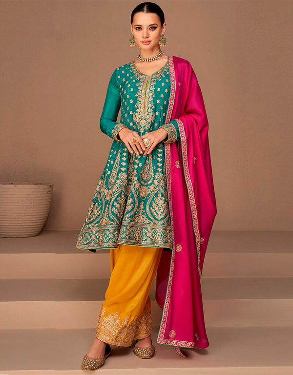 Teal Pant style Salwar Kameez Semi-Stitched Salwar Kameez Salwar Kameez in Cording Embroidery, Sequins & Lace Work