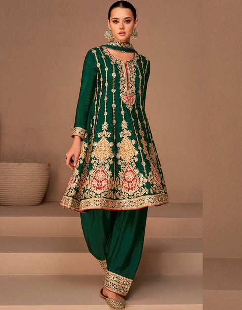 Dark Green Pant style Salwar Kameez Semi-Stitched Salwar Kameez Salwar Kameez in Cording Embroidery, Sequins & Lace Work