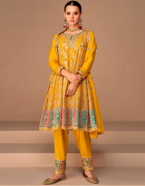 Chrome Yellow Pant style Salwar Kameez Semi-Stitched Salwar Kameez Salwar Kameez in Cording Embroidery, Sequins & Lace Work