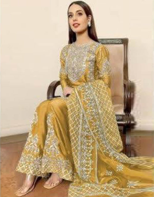 Yellow Organza Silk Palazzo Salwar Suit Closure View