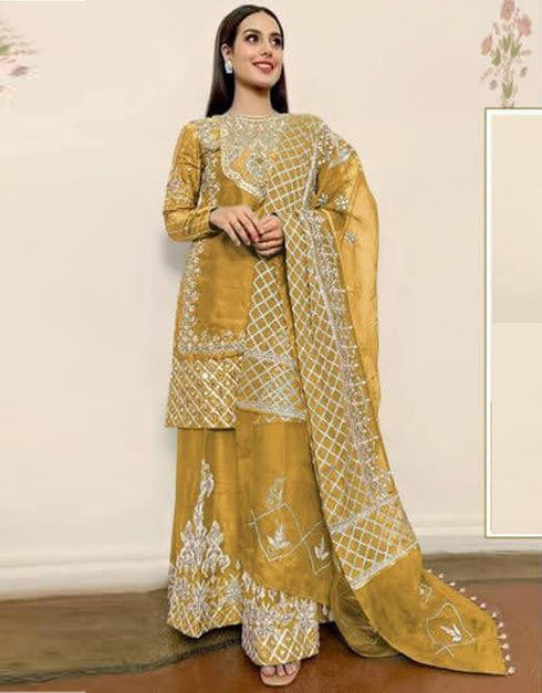 Yellow Organza Silk Palazzo Salwar Suit