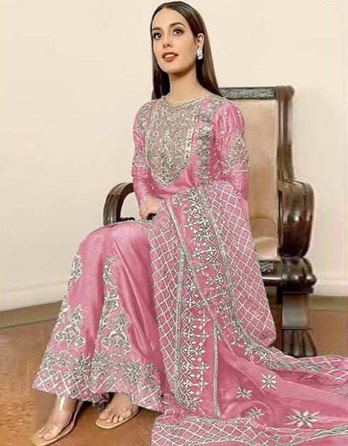 Pink Organza Silk Palazzo Salwar Suit Closure View