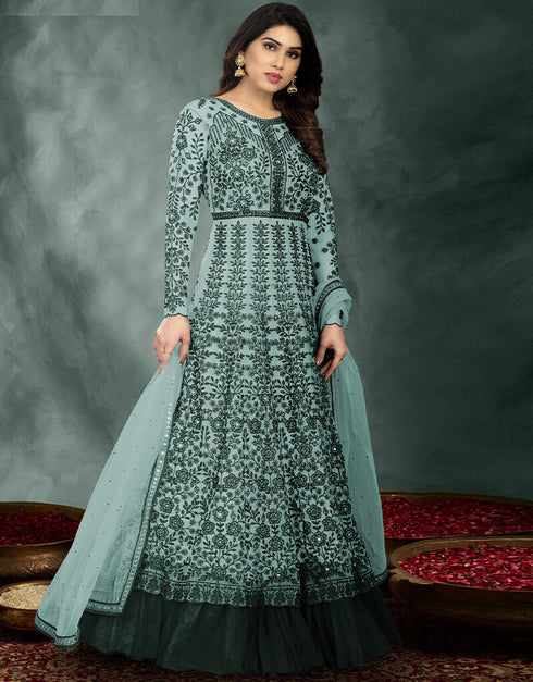 Sea Green Net Anarkali Salwar Suit