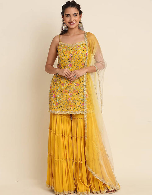 Squash Sharara style Suit Faux Georgette Salwar Kameez in Embroidery, Sequins & Lace Work