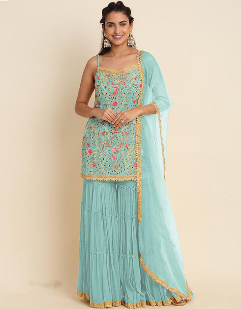 Summer Green Sharara style Suit Faux Georgette Salwar Kameez in Embroidery, Sequins & Lace Work