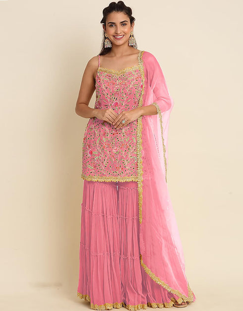 Dirty Pink Sharara style Suit Faux Georgette Salwar Kameez in Embroidery, Sequins & Lace Work