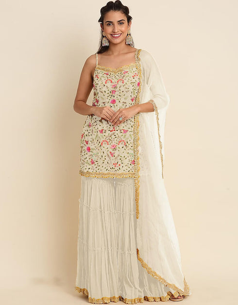 Desert Sand Sharara style Suit Faux Georgette Salwar Kameez in Embroidery, Sequins & Lace Work