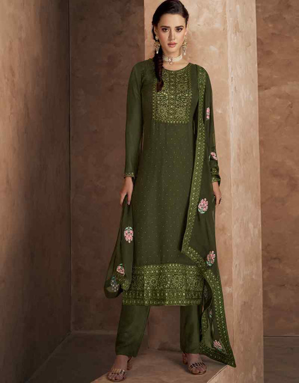Faux Georgette Mehendi Suit Suit Chudidar Bottom